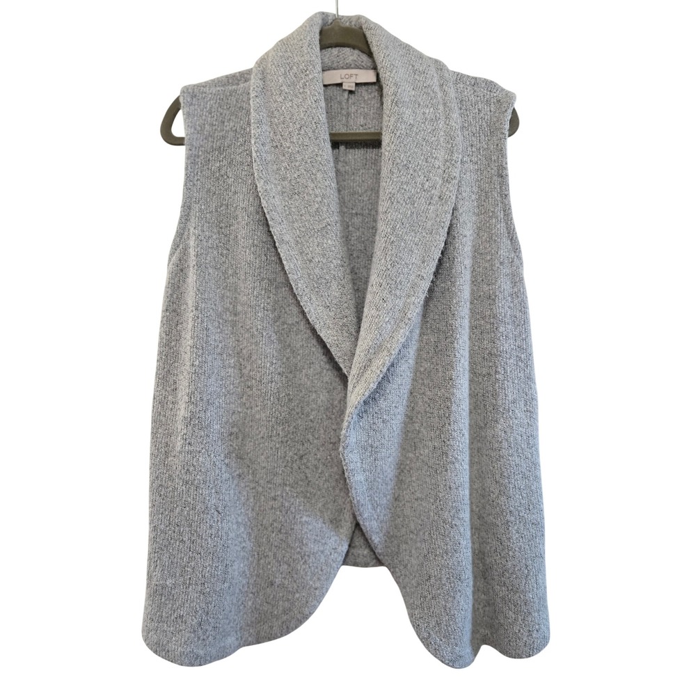 LOFT Womens SM Cozy Chic Grey Marl Shawl Collar Open Front Knit Cardigan Vest